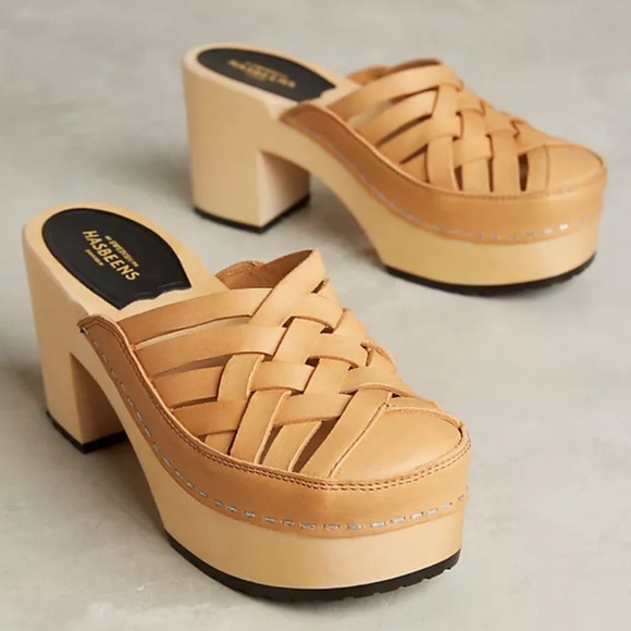 Swedish Hasbeens Shoes - NWOB Swedish Hasbeens Camilla Tan Leather Woven Clogs Women’s Size EU 38 US 7.5